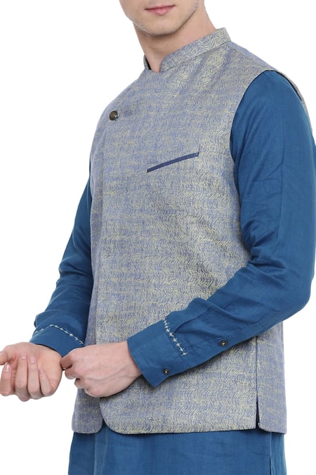 Buy_Mayank Modi - Men_Blue Linen Jacquard Nehru Jacket For Kids_Online_at_Aza_Fashions