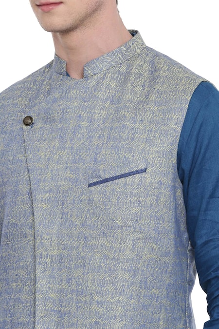 Shop_Mayank Modi - Men_Blue Linen Jacquard Nehru Jacket For Kids_Online_at_Aza_Fashions