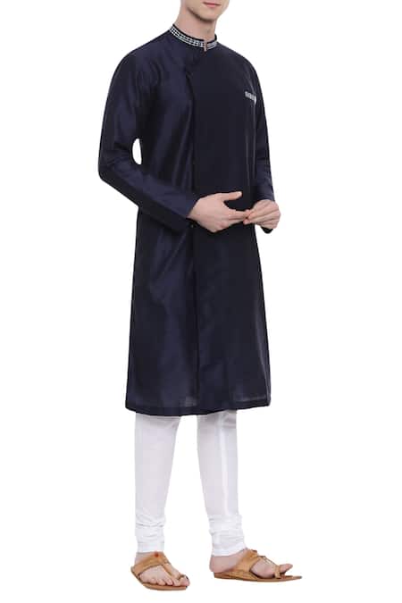 Mayank Modi - Men_Blue Silk, Cotton Overlap Kurta Set_Online_at_Aza_Fashions