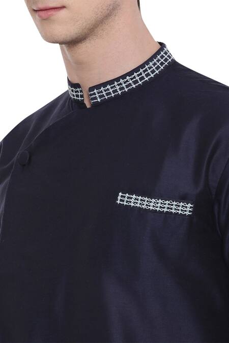 Shop_Mayank Modi - Men_Blue Silk, Cotton Overlap Kurta Set_Online_at_Aza_Fashions