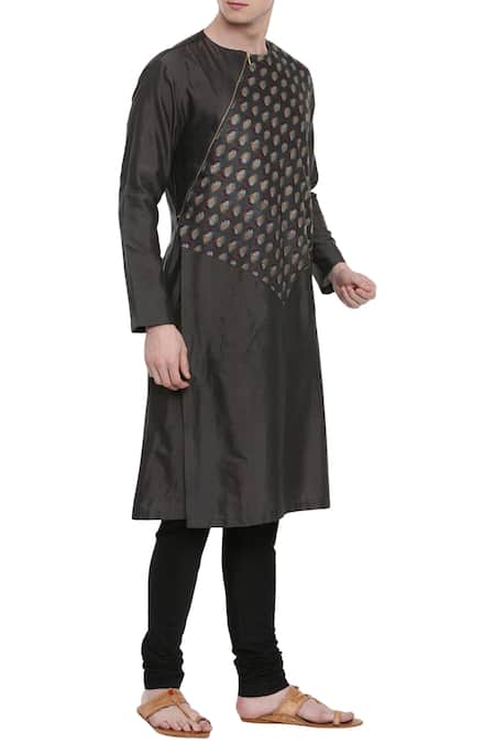 Mayank Modi - Men Black Silk, Cotton Printed Panel Kurta Set Online at Aza Fashions Mayank Modi - Men_Black Silk, Cotton Printed Panel Kurta Set _Online_at_Aza_Fashions