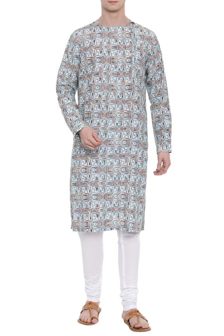 Mayank Modi - Men Linen Printed Kurta Set 