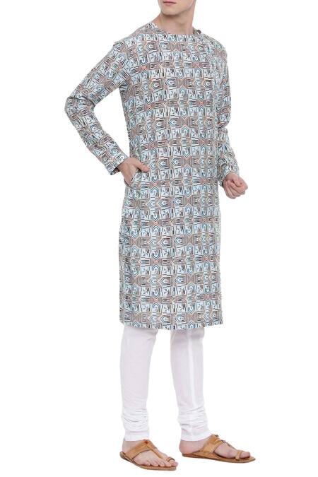 Mayank Modi - Men Blue Linen Printed Kurta Set Online at Aza Fashions Mayank Modi - Men_Blue Linen Printed Kurta Set _Online_at_Aza_Fashions