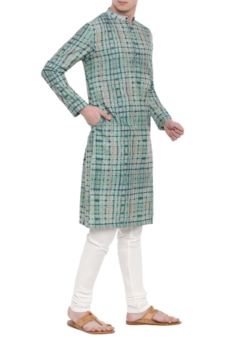 Mayank Modi - Men Green Cotton, Chanderi Abstract Printed Kurta Set Online at Aza Fashions Mayank Modi - Men_Green Cotton, Chanderi Abstract Printed Kurta Set _Online_at_Aza_Fashions