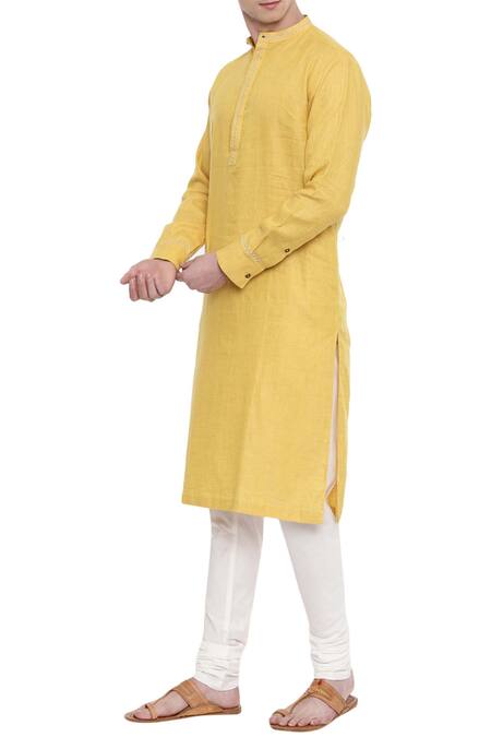 Mayank Modi - Men_Yellow Linen Kurta Set _Online_at_Aza_Fashions
