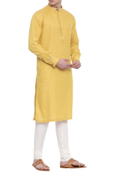 Buy_Mayank Modi - Men_Yellow Linen Kurta Set _Online_at_Aza_Fashions