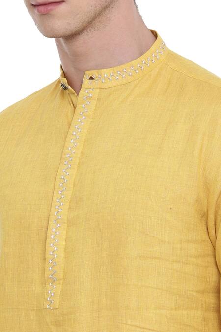 Mayank Modi - Men_Yellow Linen Kurta Set _at_Aza_Fashions