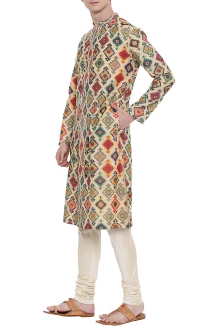 Buy_Mayank Modi - Men_Beige Chanderi Printed Kurta Set _Online_at_Aza_Fashions