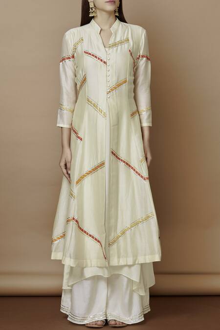 Nachiket Barve_Off White Chanderi Mandarin Collar Kurta Set_Online_at_Aza_Fashions
