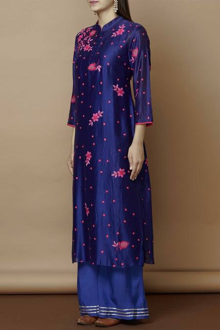 Nachiket Barve_Blue Chanderi Kurta Mandarin Collar Inner Round Embroidered_Online_at_Aza_Fashions