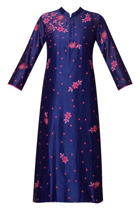 Buy_Nachiket Barve_Blue Chanderi Kurta Mandarin Collar Inner Round Embroidered_Online_at_Aza_Fashions