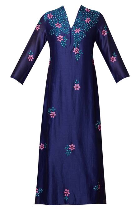 Buy_Nachiket Barve_Blue Chanderi Inner V Neck, Kurta Embroidered_Online_at_Aza_Fashions