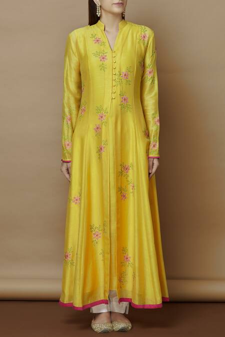 Buy_Nachiket Barve_Yellow Chanderi Kurta Mandarin Collar Inner V Neck Embroidered_Online_at_Aza_Fashions