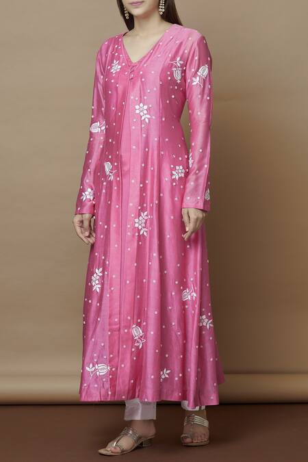 Nachiket Barve Pink Chanderi Kurta And Inner V Neck Embroidered  