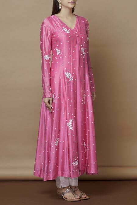 Nachiket Barve_Pink Chanderi Kurta And Inner V Neck Embroidered_Online_at_Aza_Fashions