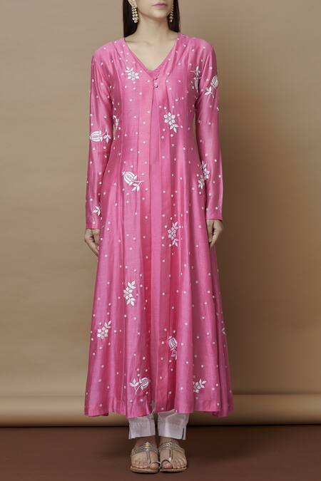 Buy_Nachiket Barve_Pink Chanderi Kurta And Inner V Neck Embroidered_Online_at_Aza_Fashions