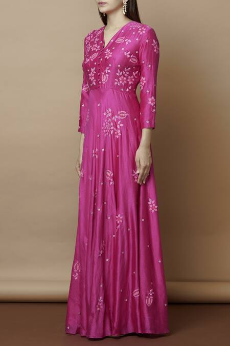 Buy_Nachiket Barve_Pink Chanderi V Neck Embroidered Kurta_Online_at_Aza_Fashions