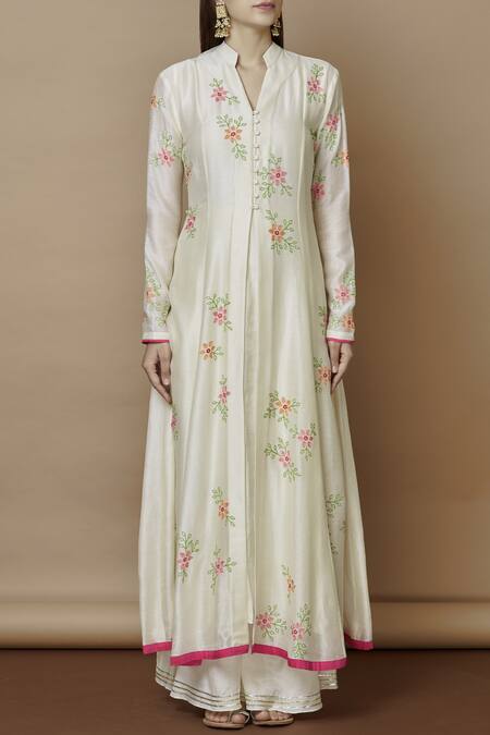 Buy_Nachiket Barve_Off White Chanderi Mandarin Collar Embroidered Kurta_Online_at_Aza_Fashions