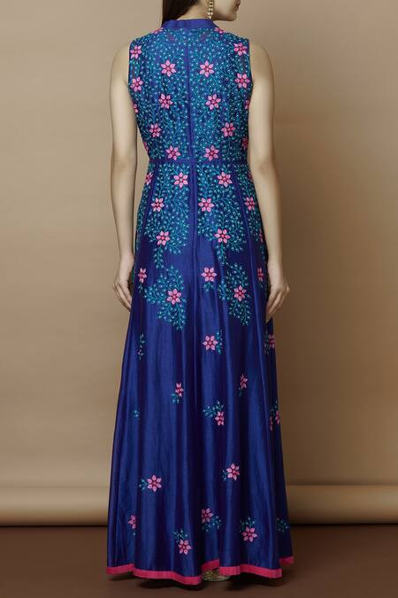 Shop Nachiket Barve Blue Chanderi Kurta Band Collar Inner V Neck Embroidered at Aza Fashions Shop_Nachiket Barve_Blue Chanderi Kurta Band Collar Inner V Neck Embroidered_at_Aza_Fashions