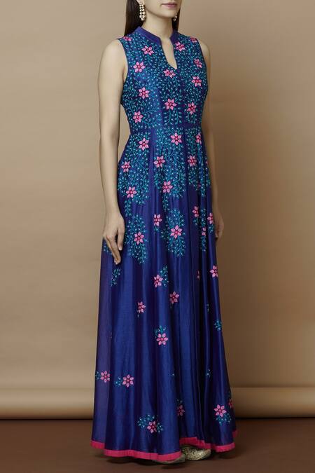 Nachiket Barve Blue Chanderi Kurta Band Collar Inner V Neck Embroidered Online at Aza Fashions Nachiket Barve_Blue Chanderi Kurta Band Collar Inner V Neck Embroidered_Online_at_Aza_Fashions