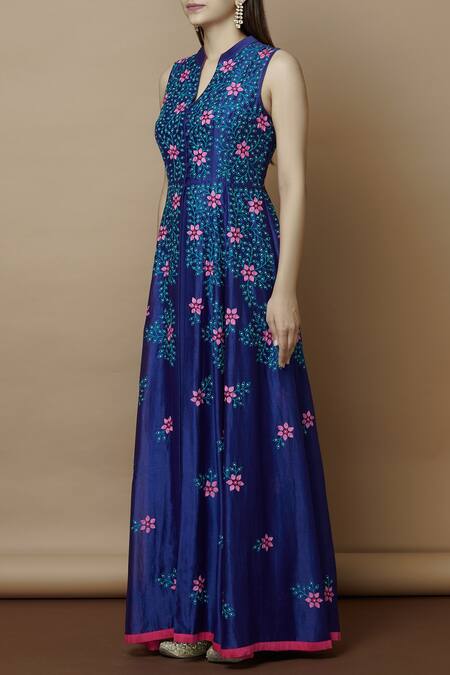 Buy Nachiket Barve Blue Chanderi Kurta Band Collar Inner V Neck Embroidered Online at Aza Fashions Buy_Nachiket Barve_Blue Chanderi Kurta Band Collar Inner V Neck Embroidered_Online_at_Aza_Fashions