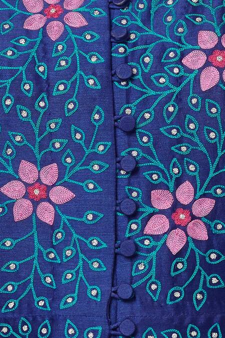 Nachiket Barve Blue Chanderi Kurta Band Collar Inner V Neck Embroidered at Aza Fashions Nachiket Barve_Blue Chanderi Kurta Band Collar Inner V Neck Embroidered_at_Aza_Fashions