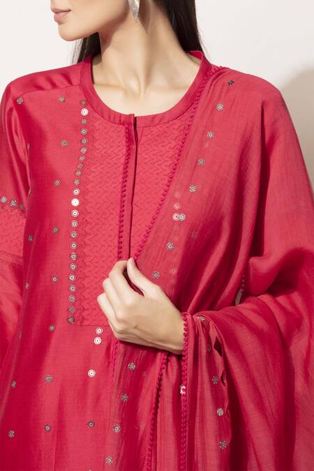Shop_Ampm_Red Chanderi Kurta Set_Online_at_Aza_Fashions