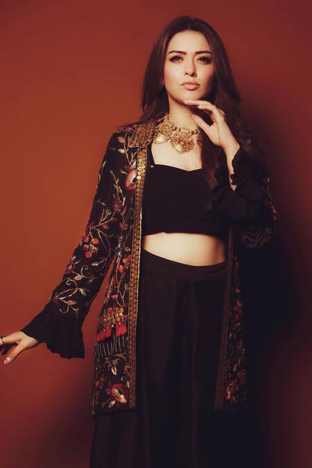 Buy Samatvam By Anjali Bhaskar Black Crepe, Habutai Silk V Neck Jumpsuit With Embroidered Jacket Online at Aza Fashions Buy_Samatvam By Anjali Bhaskar_Black Crepe, Habutai Silk V Neck Jumpsuit With Embroidered Jacket_Online_at_Aza_Fashions