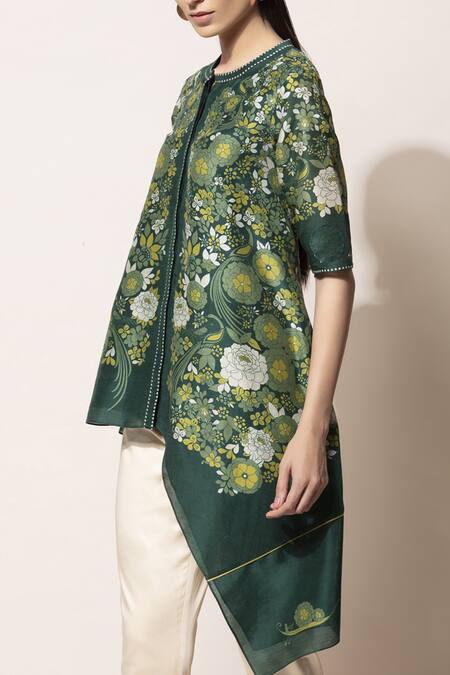 Ampm_Green Chanderi Printed Tunic_Online_at_Aza_Fashions