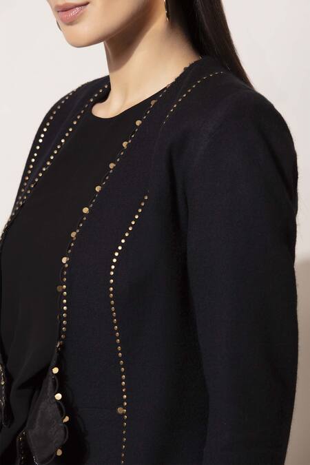 Shop_Ampm_Black Embellished Wool Jacket_Online_at_Aza_Fashions