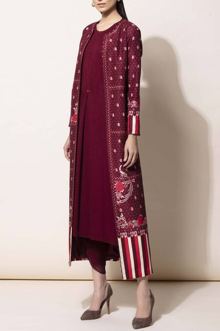 AMPM Wine Silk Printed Jacket Kurta Set