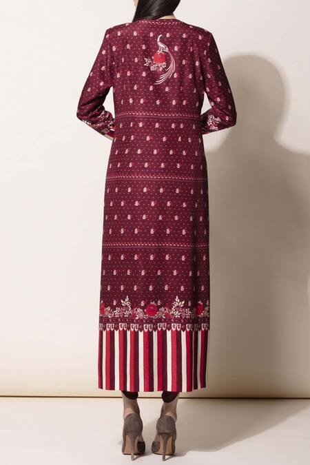 Shop_AMPM_Wine Silk Printed Jacket Kurta Set_at_Aza_Fashions