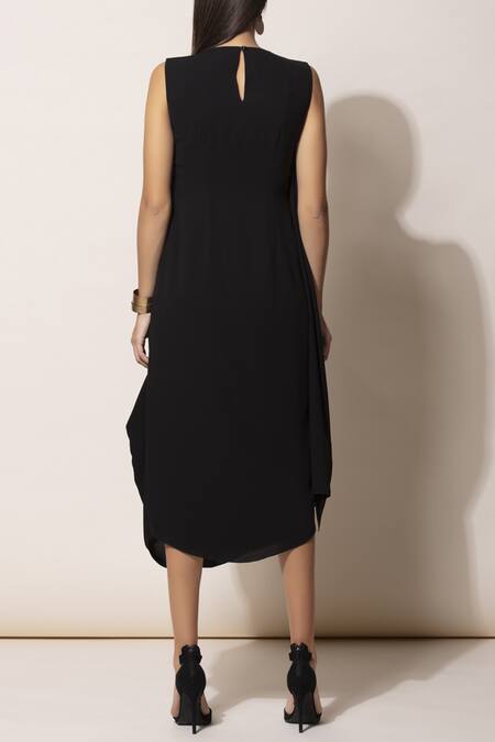 Shop Ampm Black Draped Midi Dress at Aza Fashions Shop_Ampm_Black Draped Midi Dress_at_Aza_Fashions