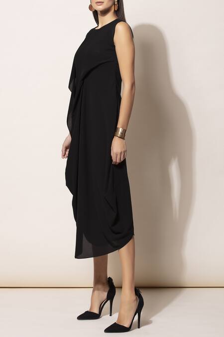 Ampm Black Draped Midi Dress Online at Aza Fashions Ampm_Black Draped Midi Dress_Online_at_Aza_Fashions