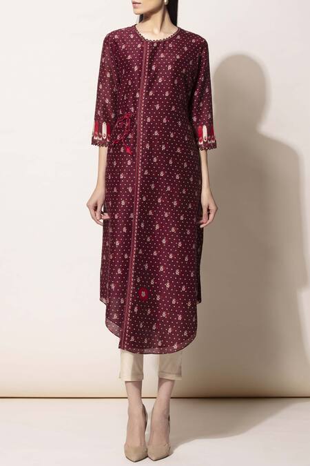 Ampm_Wine Chanderi Printed Tunic_Online_at_Aza_Fashions