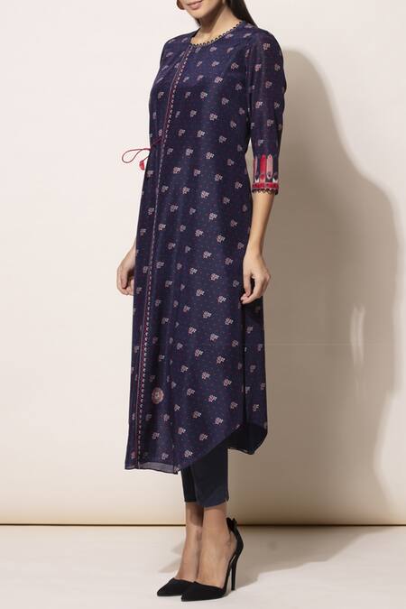 Ampm_Blue Chanderi Printed Tunic_Online_at_Aza_Fashions