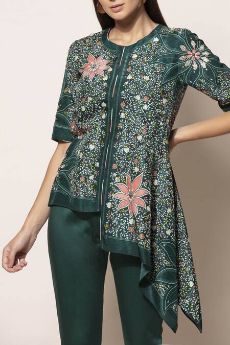 Ampm_Green Asymmetric Silk Top_Online_at_Aza_Fashions