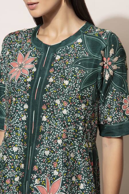 Buy_Ampm_Green Asymmetric Silk Top_Online_at_Aza_Fashions