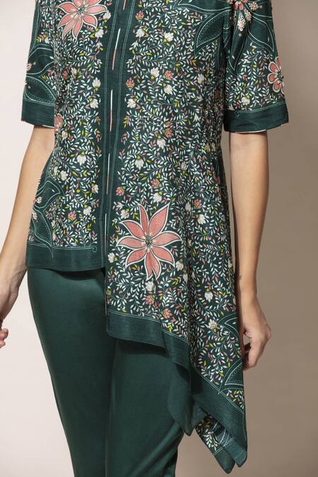 Ampm_Green Asymmetric Silk Top_at_Aza_Fashions