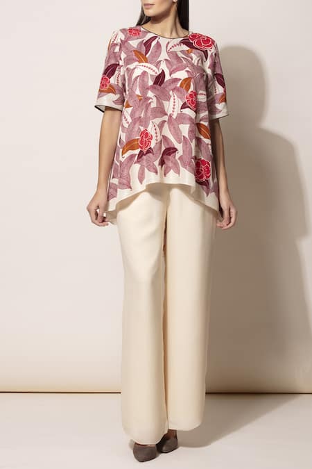 Ampm_Off White Silk Printed Top_Online_at_Aza_Fashions