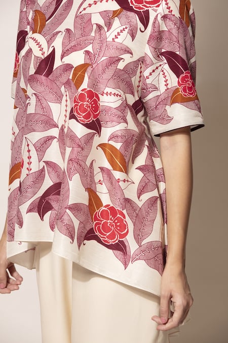Ampm_Off White Silk Printed Top_at_Aza_Fashions