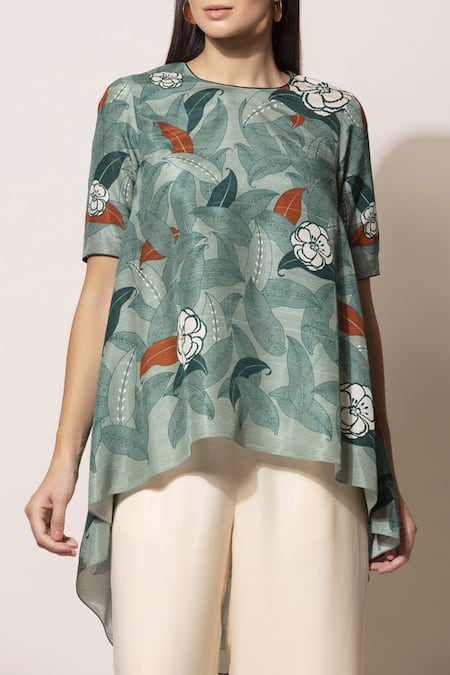 Buy_Ampm_Green Silk Printed Top_Online_at_Aza_Fashions