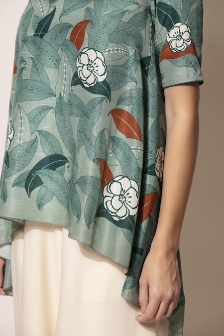 Ampm_Green Silk Printed Top_at_Aza_Fashions