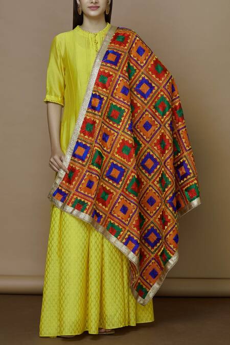 Shop_Samyukta Singhania_Multi Color Crepe Phulkari Dupatta_at_Aza_Fashions