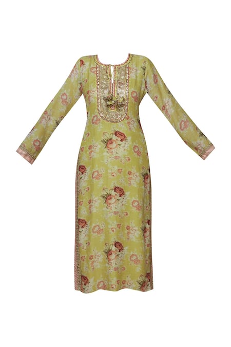 Gopi Vaid_Yellow Cotton Silk Print Flower Bagh Round Neck Floral Tunic _Online_at_Aza_Fashions