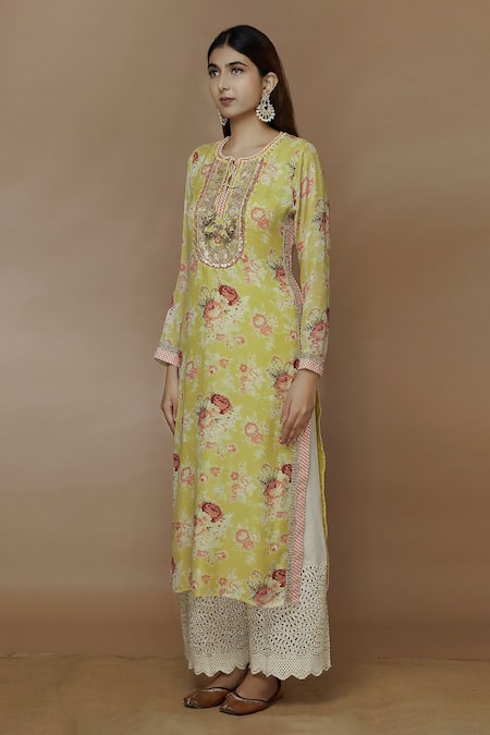 Buy_Gopi Vaid_Yellow Cotton Silk Print Flower Bagh Round Neck Floral Tunic _Online_at_Aza_Fashions