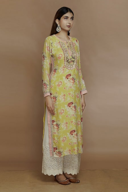 Shop_Gopi Vaid_Yellow Cotton Silk Print Flower Bagh Round Neck Floral Tunic _Online_at_Aza_Fashions