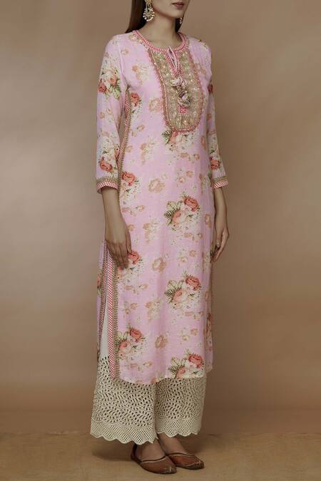 Gopi Vaid_Pink Linen Georgette Round Floral Print Kurta _Online_at_Aza_Fashions
