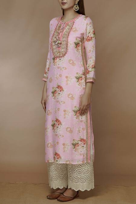 Buy_Gopi Vaid_Pink Linen Georgette Round Floral Print Kurta _Online_at_Aza_Fashions