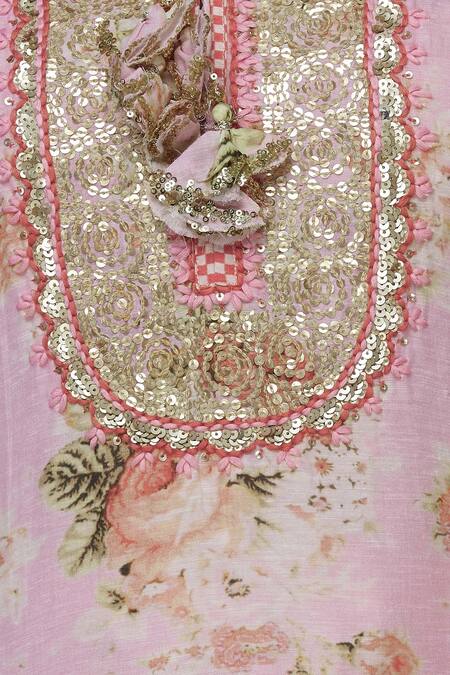 Gopi Vaid_Pink Linen Georgette Round Floral Print Kurta _at_Aza_Fashions